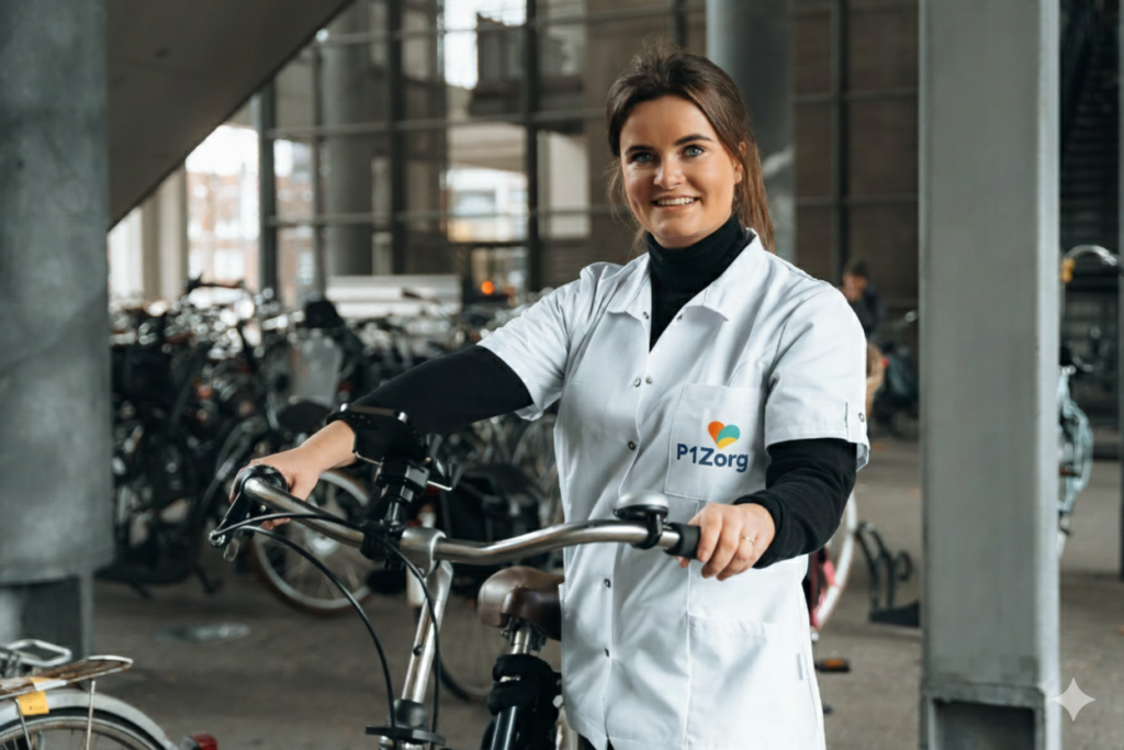 Zorgprofessional in P1Zorg-kleding bij de fiets